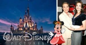 The iconic Walt Disney castle logo, Minnie Mouse greeting fans, and two guests posing together and smiling during a festive Princess Diaries celebration at a Disney event.