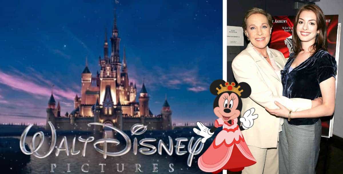 The iconic Walt Disney castle logo, Minnie Mouse greeting fans, and two guests posing together and smiling during a festive Princess Diaries celebration at a Disney event.