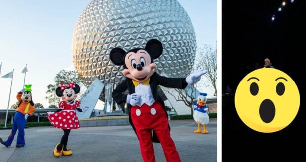 Mickey, Minnie, Goofy, and Donald strike a fun pose in front of the iconic Spaceship Earth at Epcot in Disney World, while a giant surprised emoji adds an extra burst of excitement over the nighttime scene.