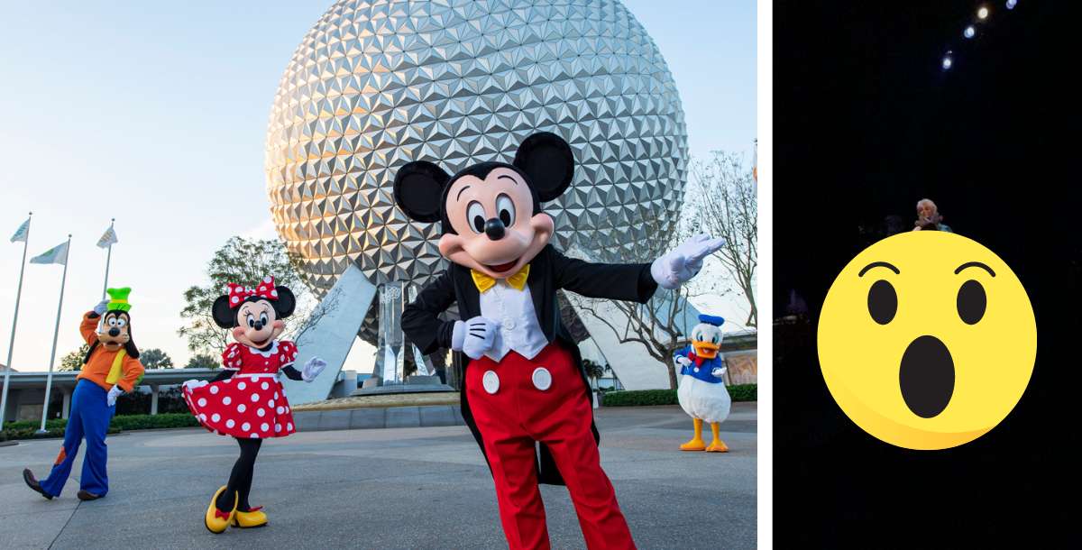 Mickey, Minnie, Goofy, and Donald strike a fun pose in front of the iconic Spaceship Earth at Epcot in Disney World, while a giant surprised emoji adds an extra burst of excitement over the nighttime scene.