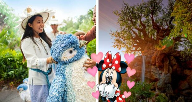 A guest beams at a whimsical blue animal sculpture, while Minnie Mouse and playful hearts overlay the iconic Tree of Life, its intricate carvings capturing the magical atmosphere of Disney’s Animal Kingdom during the Merry Menagerie celebration.