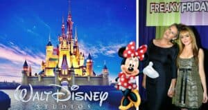 The iconic Walt Disney castle logo and Minnie Mouse join two excited fans celebrating the new Freaky Friday sequel at a Disney movie event.