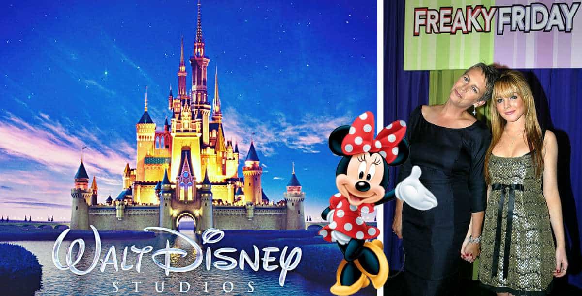 The iconic Walt Disney castle logo and Minnie Mouse join two excited fans celebrating the new Freaky Friday sequel at a Disney movie event.