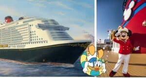 Disney Cruise Line’s newest ship makes a majestic journey across the sparkling ocean, with Captain Mickey Mouse saluting from the deck and Donald Duck waving enthusiastically to guests, bringing Disney magic to life on the high seas.