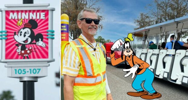 Minnie Mouse parking sign marks the spot as a Disney cast member in a safety vest guides guests toward a colorful tram, while Goofy waves in cartoon form—bringing the fun, high-energy spirit of Walt Disney World's parking tram area to life.