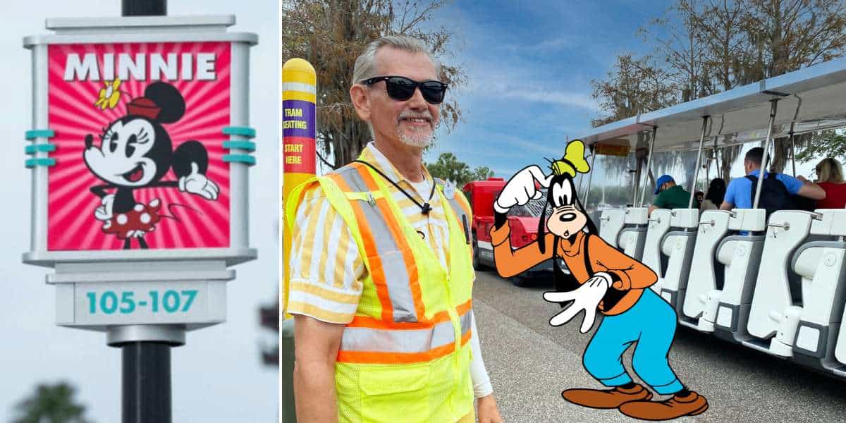 Minnie Mouse parking sign marks the spot as a Disney cast member in a safety vest guides guests toward a colorful tram, while Goofy waves in cartoon form—bringing the fun, high-energy spirit of Walt Disney World's parking tram area to life.