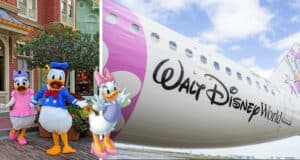 Donald and Daisy Duck greet fans outside a Disney park shop, while a dazzling Daisy Duck-themed Disney Airbus with colorful artwork is parked nearby, adding extra magic to the experience.