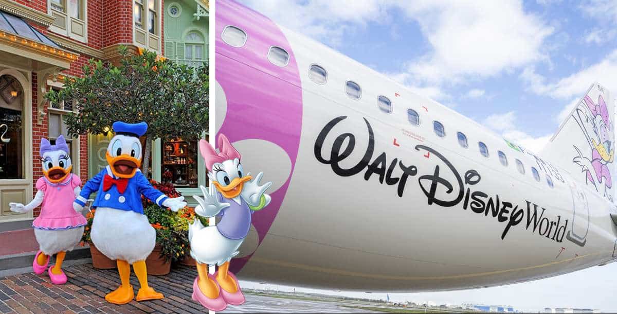 Donald and Daisy Duck greet fans outside a Disney park shop, while a dazzling Daisy Duck-themed Disney Airbus with colorful artwork is parked nearby, adding extra magic to the experience.