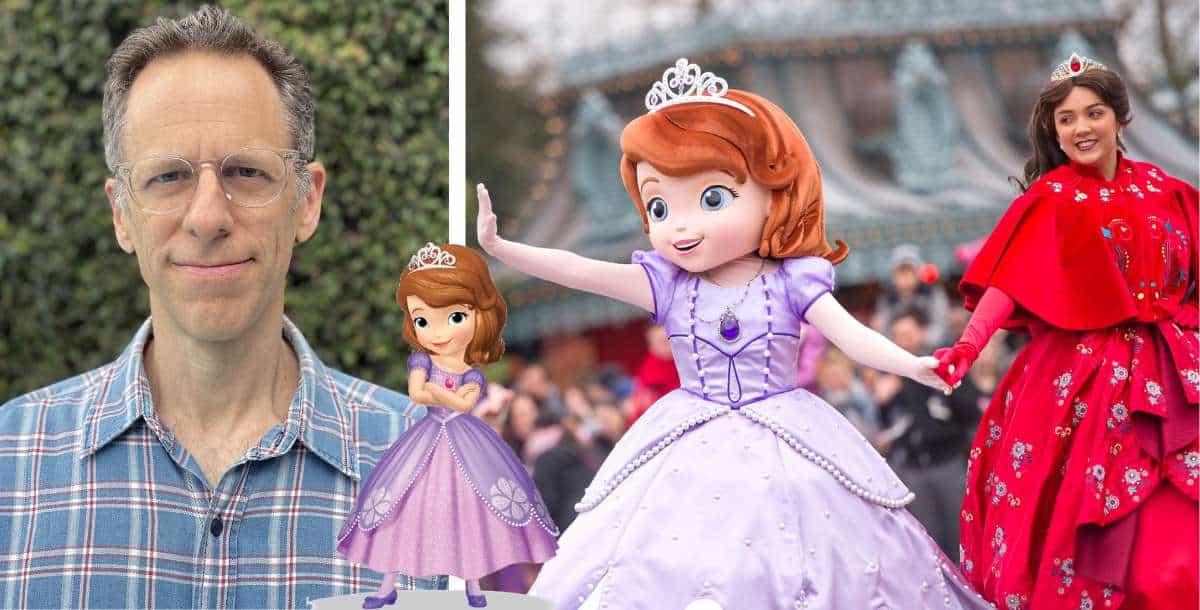 A Disney fan sporting glasses poses at a lively outdoor event with Sofia the First character art and a performer dressed as Sofia herself, likely celebrating exciting updates about a new Sofia the First spinoff in the Disney franchise.