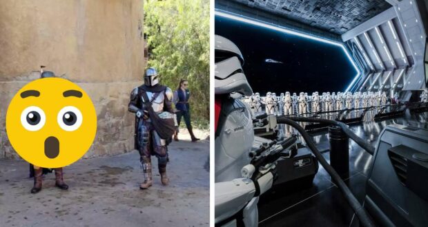 The Mandalorian delights guests with an interactive experience in a vibrant outdoor setting, while stormtroopers patrol a sleek Star Wars-themed interior, bringing the galaxy to life for visitors.