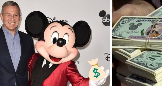 Mickey Mouse cheerfully displays a cartoon cash bag, channeling whimsical Disney extravagance; to the right, a closeup of Mickey-adorned dollar bills playfully alludes to the grand scale of Bob Iger’s Disney compensation.