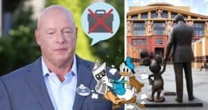 A solemn Disney executive stands in front of a crossed-out briefcase, with Donald Duck and the iconic Partners statue of Walt Disney and Mickey Mouse in the background—an image capturing recent changes at Disney, including headline-making events like the park fire and Bob Chapek’s exit.