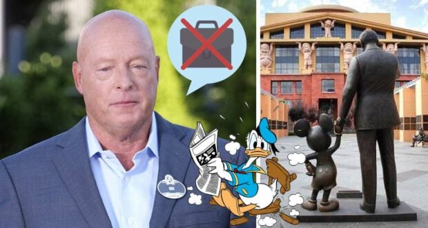 A solemn Disney executive stands in front of a crossed-out briefcase, with Donald Duck and the iconic Partners statue of Walt Disney and Mickey Mouse in the background—an image capturing recent changes at Disney, including headline-making events like the park fire and Bob Chapek’s exit.