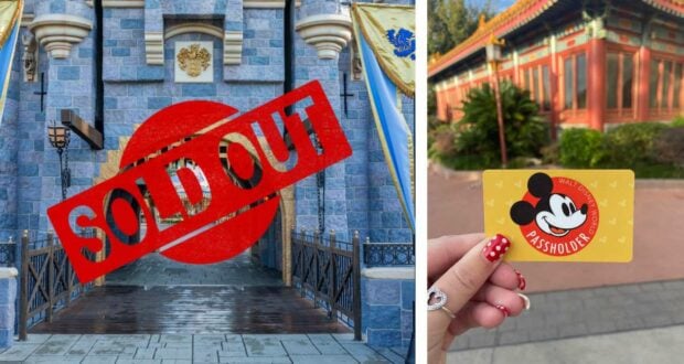 In front of the iconic Disney castle, a "SOLD OUT" sign flashes as eager fans display their yellow Mickey Mouse passholder cards—showcasing the blend of excitement and letdown familiar to those in the heat of Disney World's annual pass rush.