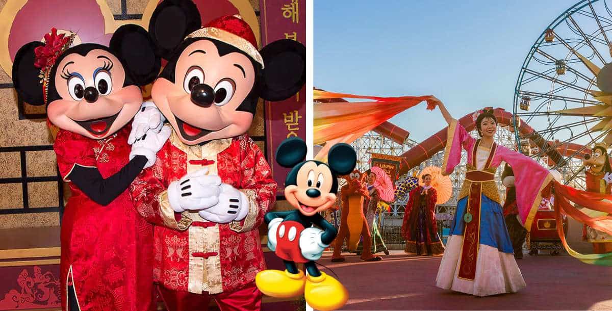 Mickey and Minnie dazzle in festive red attire, joined by dancers in traditional costumes, as they ring in Lunar New Year at Disney California Adventure Park with the iconic Pixar Pal-A-Round Ferris wheel in the background.