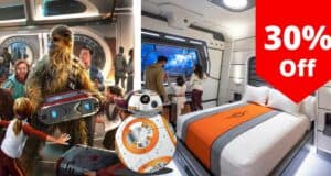 Step into a galaxy far, far away with a Star Wars: Galactic Starcruiser hotel room, complete with iconic characters and an eye-catching "30% Off" Disney Starcruiser discount banner in bold red on the right.
