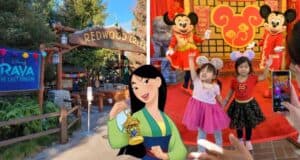Left: Redwood Creek Challenge Trail entrance sign; right: kids meeting Mickey and Minnie Mouse; front: animated Disney’s Mulan with her signature birdcage, celebrating iconic heroines like Mulan and Raya.