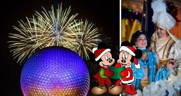 Dazzling fireworks illuminate Epcot’s iconic Spaceship Earth during its vibrant new light show, as Mickey and Minnie appear in festive holiday attire alongside guests dressed as Aladdin characters, all smiling and celebrating the magic of Disney World.