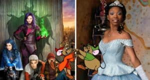 Disney Descendants Pocketwatch-inspired teens join Cinderella in her iconic blue gown for a magical meet-and-greet, with classic animated mice Gus and Jaq adding extra enchantment between them.