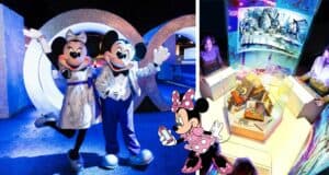 Mickey and Minnie Mouse pose by a sparkling 100 sign surrounded by vibrant art displays, while an animated Minnie in her classic pink polka-dot dress waves from the right, celebrating the excitement and wonder of the Disney100 Years of Wonder exhibition.