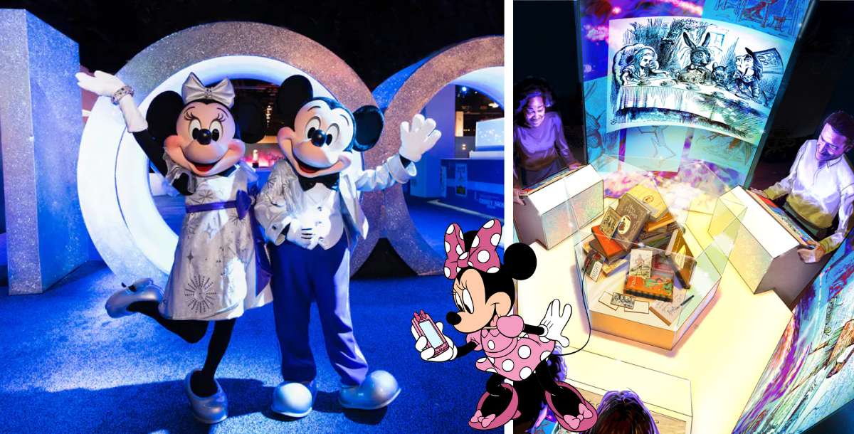 Mickey and Minnie Mouse pose by a sparkling 100 sign surrounded by vibrant art displays, while an animated Minnie in her classic pink polka-dot dress waves from the right, celebrating the excitement and wonder of the Disney100 Years of Wonder exhibition.