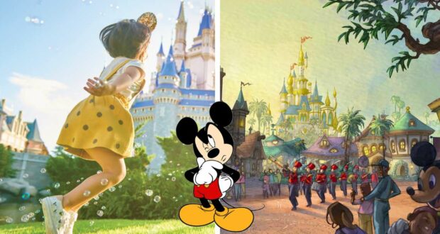 Experience the magical energy of Disneyland Dubai as a cheerful girl in yellow beams near the grand castle, joined by Mickey Mouse and vibrant floats from a classic cartoon parade, all showcased together in one enchanting scene.