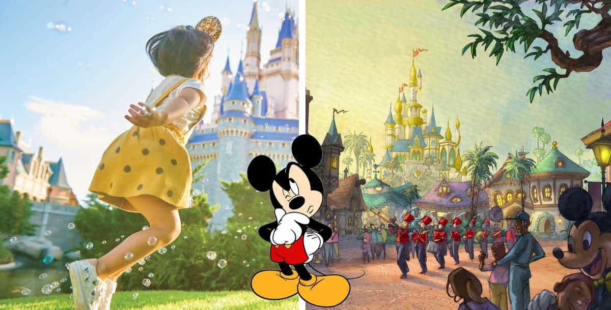 Experience the magical energy of Disneyland Dubai as a cheerful girl in yellow beams near the grand castle, joined by Mickey Mouse and vibrant floats from a classic cartoon parade, all showcased together in one enchanting scene.