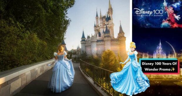 Cinderella in her signature blue gown gazes toward Cinderella Castle at Disney World, with vibrant Disney 100th anniversary promo art displayed to the right.