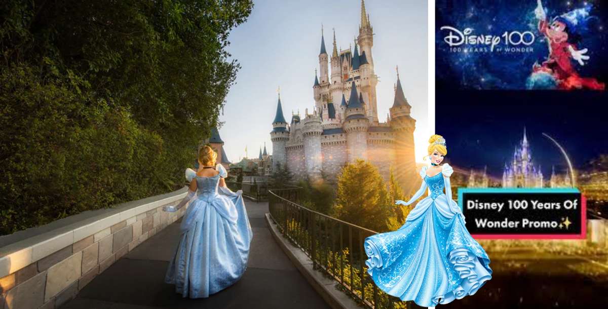 Cinderella in her signature blue gown gazes toward Cinderella Castle at Disney World, with vibrant Disney 100th anniversary promo art displayed to the right.