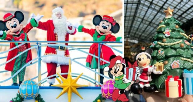 Mickey, Minnie, and Santa greet visitors from a brightly decorated holiday boat at Tokyo Disney Resort, echoing the delight of a limited-edition holiday popcorn bucket; nearby, a fan displays a Mickey-shaped Christmas tree ornament.