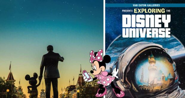 Minnie Mouse applying lipstick, a whimsical astronaut helmet featuring a fairytale castle, and the iconic Partners statue of Walt Disney holding hands with Mickey Mouse at sunset—a dreamlike showcase of Disney magic reminiscent of rare finds from legendary Van Eaton Galleries auctions.