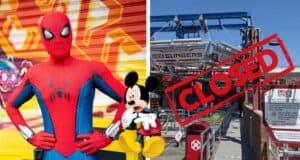 Spider-Man and Mickey Mouse pose together beside the Disney Spider-Man WEB Slingers ride, currently closed with a prominent "CLOSED" sign at the park.