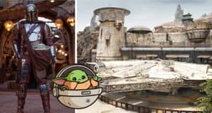 The Mandalorian and Grogu greet guests as the Millennium Falcon flies above Star Wars: Galaxy’s Edge at Disneyland, with a playful cartoon Grogu floating nearby in his pod.