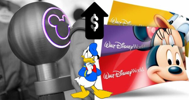 Donald Duck examines Disney World tickets next to a Mickey-shaped ticket scanner, with a rising cost icon signaling the recent increase in Disney ticket prices.