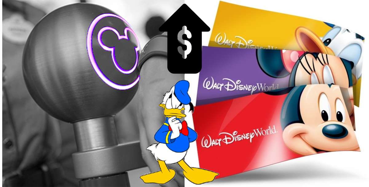 Donald Duck examines Disney World tickets next to a Mickey-shaped ticket scanner, with a rising cost icon signaling the recent increase in Disney ticket prices.