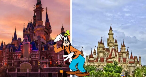 Goofy poses playfully between two magical castles—one aglow with a golden sunset and the other beneath a dreamy, cloud-filled sky—capturing the whimsical charm of Universal Studios Singapore and Disney parks.