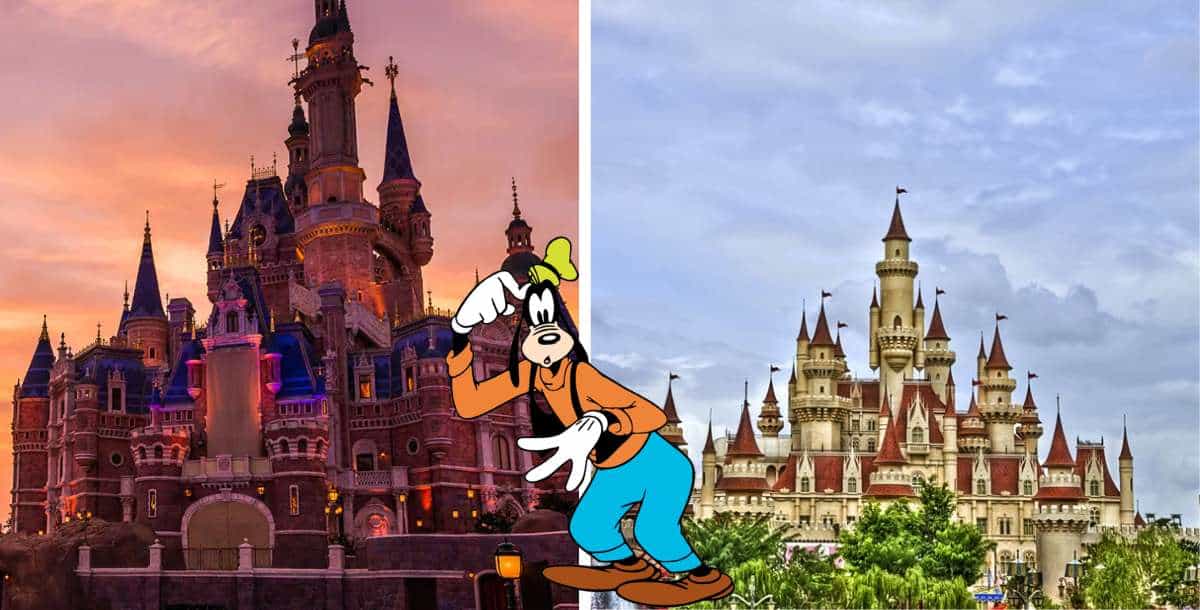 Goofy poses playfully between two magical castles—one aglow with a golden sunset and the other beneath a dreamy, cloud-filled sky—capturing the whimsical charm of Universal Studios Singapore and Disney parks.