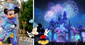 Mickey Mouse joins the Disneyland 100 Years of Wonder celebration, surrounded by dazzling fireworks above a brightly illuminated Disney castle and whimsical party hat graphics.
