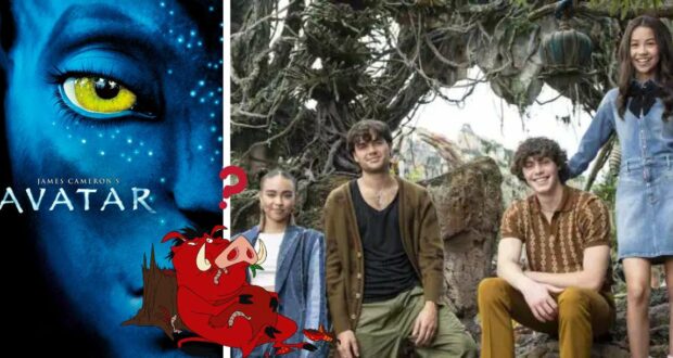 Four happy teens gather outdoors near lush trees at a Disney park, posing beside an Avatar movie poster and Pumbaa from The Lion King, eagerly chatting about the highly anticipated Pandora sequels coming to Disney’s attractions.