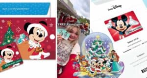 Collage featuring Disney gift cards, a happy guest showing off their card, and Mickey Mouse celebrating the holidays at Disney World, with festive free holiday pins adding extra magic for visitors.