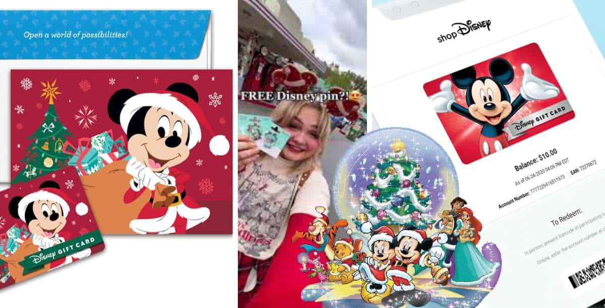 Collage featuring Disney gift cards, a happy guest showing off their card, and Mickey Mouse celebrating the holidays at Disney World, with festive free holiday pins adding extra magic for visitors.