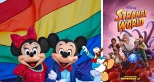 Mickey, Minnie, and Donald show their Disney spirit beside a vibrant rainbow flag in the park, celebrating inclusion and diversity. Nearby, the "Disney Strange World" movie poster is displayed, spotlighting its groundbreaking LGBTQ+ representation for fans.