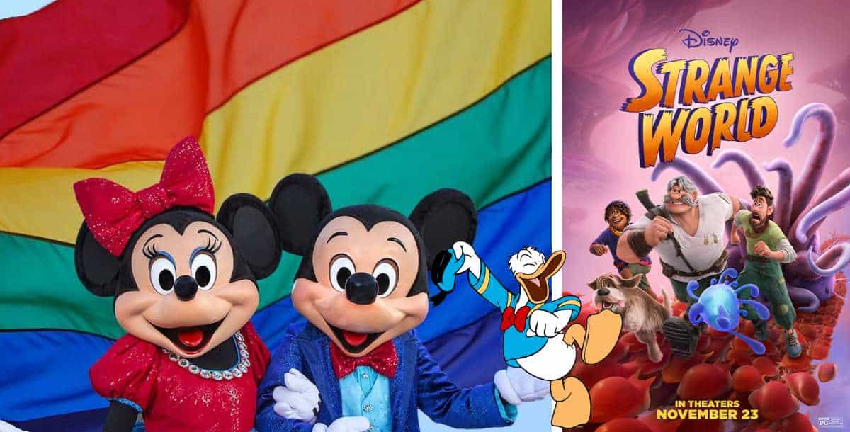 Mickey, Minnie, and Donald show their Disney spirit beside a vibrant rainbow flag in the park, celebrating inclusion and diversity. Nearby, the "Disney Strange World" movie poster is displayed, spotlighting its groundbreaking LGBTQ+ representation for fans.