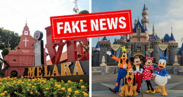 Side-by-side image shows the iconic A Famosa fort in Melaka on the left and Disneyland’s famous castle surrounded by beloved Disney characters on the right, with a bold red “FAKE NEWS” stamp across both—addressing recent viral rumors about a Disney Malaysia theme park.