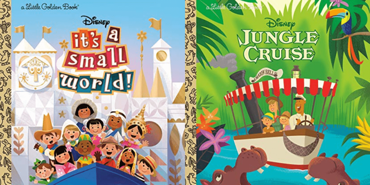 Displayed side by side, the covers of Disney Parks Little Golden Books "It’s a Small World" and "Jungle Cruise" instantly evoke the whimsy and excitement fans expect from these iconic attractions, inviting Disney enthusiasts to relive the journey through beloved park adventures.