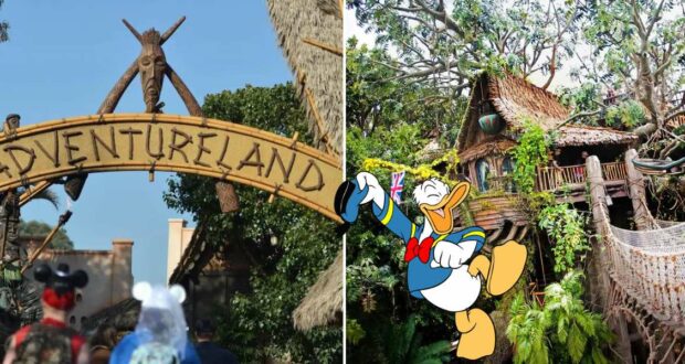 Adventureland entrance sign welcomes guests with a vibrant Donald Duck cartoon and the iconic Adventureland Treehouse at Disneyland, all set amid lush tropical landscaping.