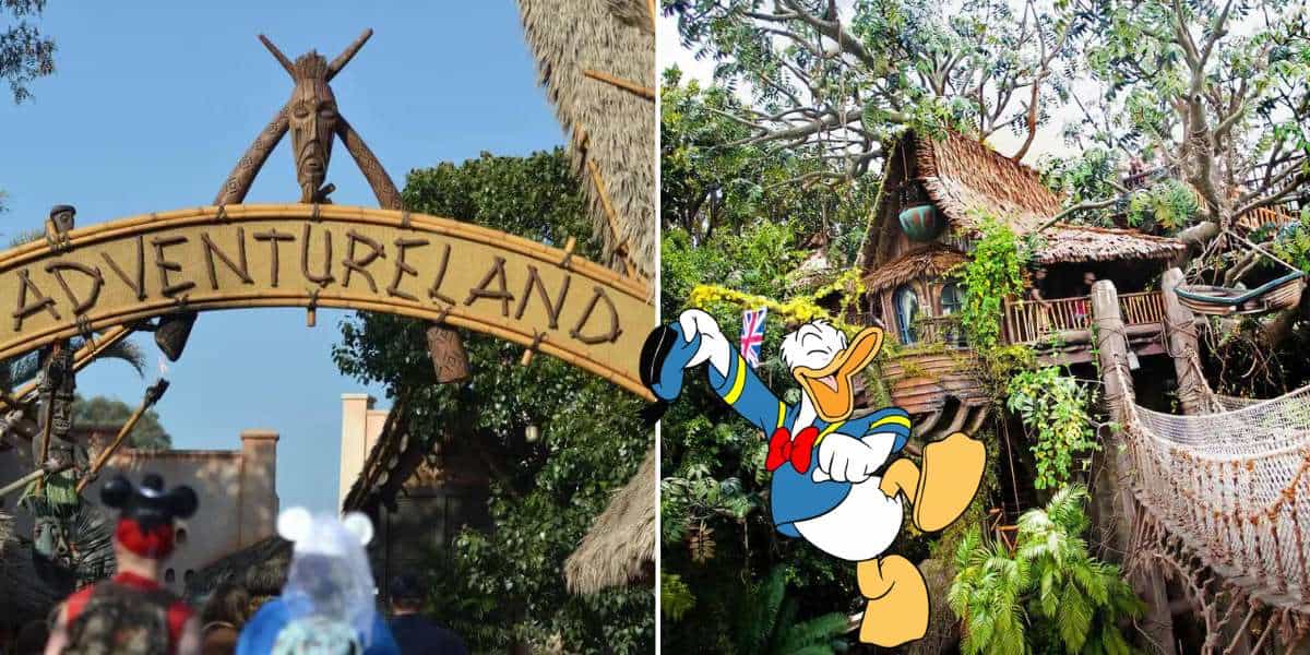 Adventureland entrance sign welcomes guests with a vibrant Donald Duck cartoon and the iconic Adventureland Treehouse at Disneyland, all set amid lush tropical landscaping.
