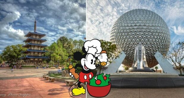 Split image featuring a picturesque pagoda on the left and EPCOT’s iconic geodesic sphere on the right, with Mickey Mouse front and center, donned in a chef’s hat as he whips up a culinary creation inspired by Takumi-Tei—bringing Disney magic to gourmet cuisine for fans at EPCOT.