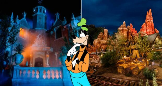 Goofy pauses thoughtfully in his waders, standing between the eerie Haunted Mansion aglow at night and Big Thunder Mountain Railroad’s red rocks and train tracks.