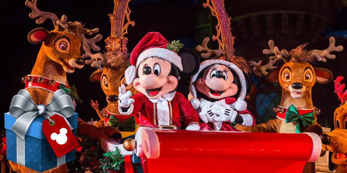 Mickey and Minnie Mouse don festive Santa outfits as they lead a vibrant Disney Christmas parade, joined by reindeer and a sparkling blue gift box. The scene is brimming with holiday spirit, all in support of the Ultimate Toy Drive at Disney Parks.